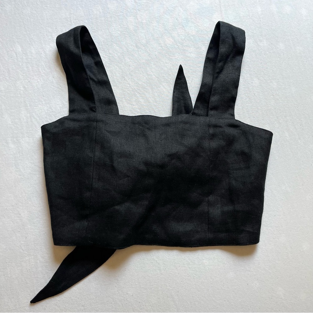 NWT SAUDARA black linen tie back cropped tank top